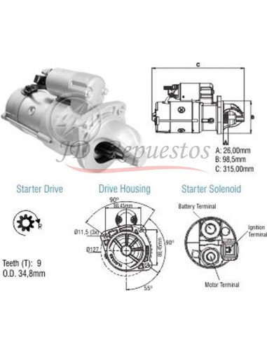 Motor De Arranque 13180 / 15190 / 17250 - Iveco - Volvo - 9 Dientes 24v